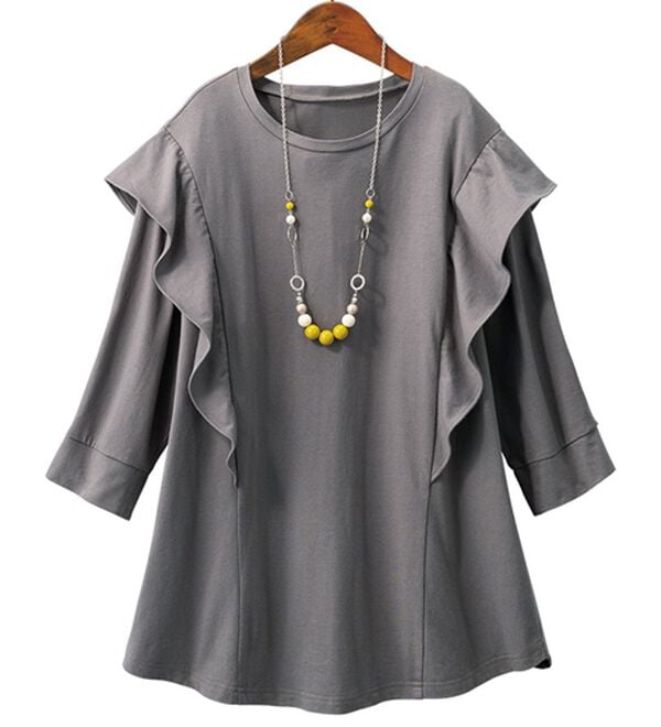 ルフラン（ルフラン）の「ちょい洒落＊７分袖ラッフルショルダーＴシャツ（カットソー）」｜モカ