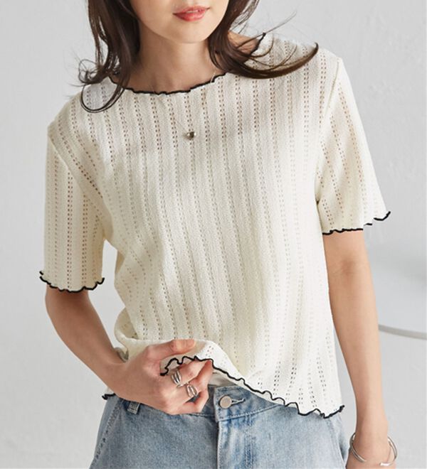 RANAN（ラナン）の「インせず着られる！透かし柄メロー配色Ｔシャツ（カットソー）」｜詳細画像