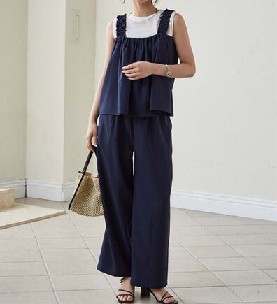 RANAN（ラナン）の「フリルデザインキャミセットアップ（ワイドパンツ・ガウチョ）」