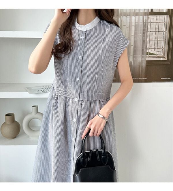 GeeRA（ジーラ）の「クレリック配色ウエストギャザーシャツワンピ―ス（シャツワンピース）」｜詳細画像