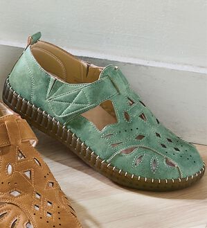 BELLUNA（ベルーナ）の「ステッチ使いゆったりカットワークサンダル（サンダル・ミュール）」｜グリーン