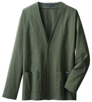 「部屋着に見せない！大人のカーディガン（メンズカーディガン）」｜カーキ(カーディガン)