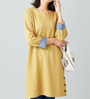 BELLUNA（ベルーナ）の「ボタン使いボーダージャカードワンピース（その他ワンピース）」｜イエロー