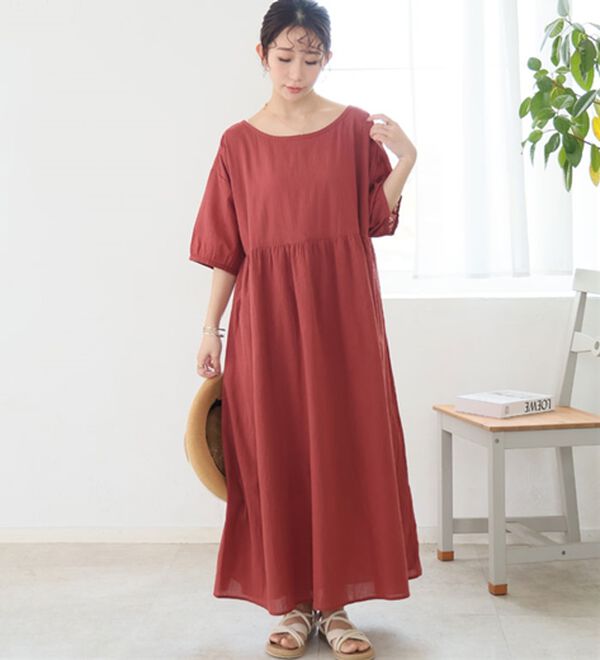 A HAPPY MARILYN（アハッピーマリリン）の「【Ｌ～６Ｌ】【風通るプレミアム】綿・楊柳、五分袖ウエスト切替ワンピース。（ロングワンピース）」｜詳細画像