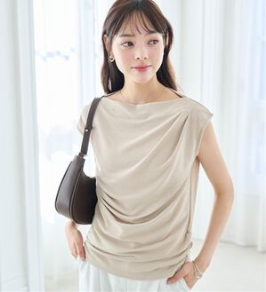 RANAN（ラナン）の「【ひんやり・ＵＶ】タックドレープフレンチスリーブカットソー（Tシャツ）」｜ベージュ