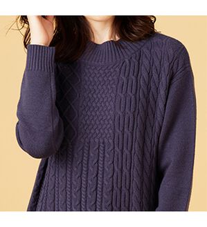 BELLUNA（ベルーナ）の「パッチワーク調ケーブルニットチュニック（チュニック）」｜パープル