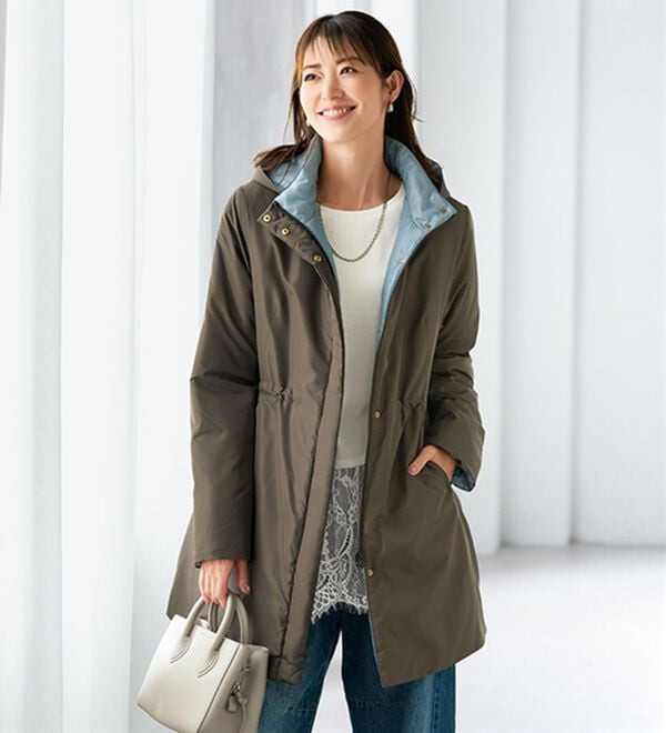 BELLUNA（ベルーナ）の「Ａｉｒｙ＆Ｗａｒｍ　フード取外しあったか軽量デザインコート（ロングコート）」｜モカ&times;サックス