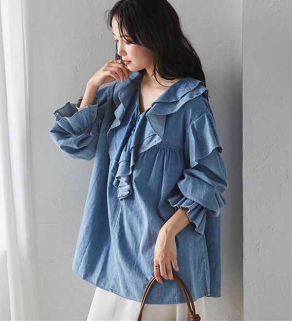 RANAN（ラナン）の「ビッグカラーフリルデニムブラウス（ブラウス）」｜詳細画像