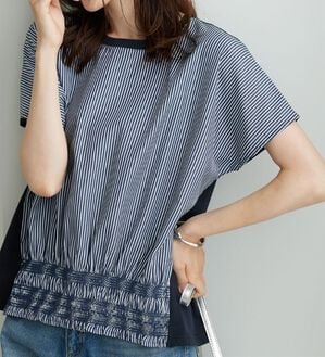 BELLUNA（ベルーナ）の「【ひんやり接触冷感】シャーリング使い異素材切替プルオーバー（カットソー）」｜詳細画像