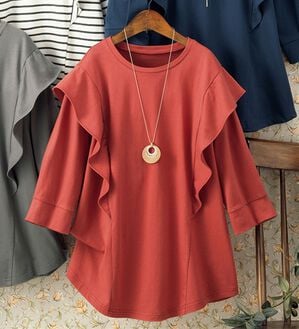 ルフラン（ルフラン）の「ちょい洒落＊７分袖ラッフルショルダーＴシャツ（カットソー）」｜テラコッタ