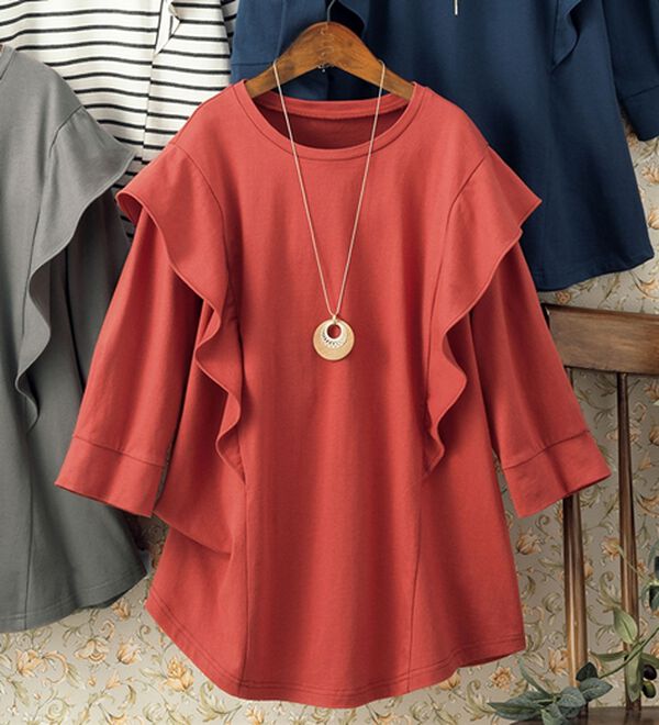 ルフラン（ルフラン）の「ちょい洒落＊７分袖ラッフルショルダーＴシャツ（カットソー）」｜テラコッタ