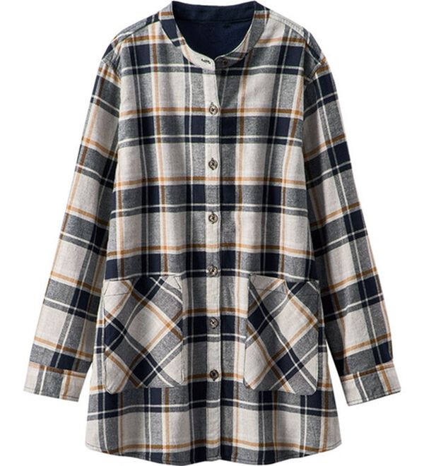 BELLUNA（ベルーナ）の「裏フリース素材バンドカラーチュニック（チュニック）」｜杢グレー／ネイビー