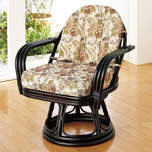 回転座椅子/籐椅子 〔幅64×奥行55×高さ51×座面高16cm〕 肘付き 花柄 RZ-931DBR ダークブラウン 座椅子 約幅64×奥行55×高さ51×座面