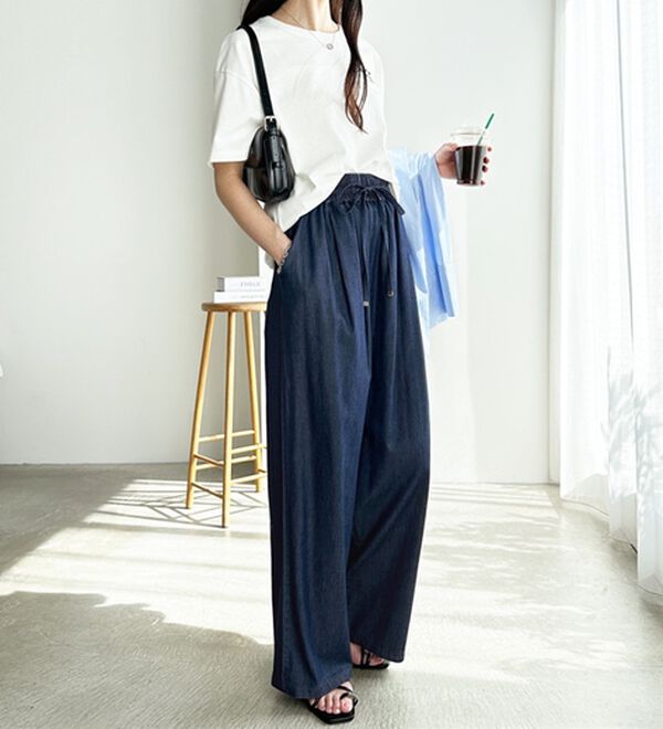 GeeRA（ジーラ）の「【接触冷感】穿いて感激！キレイ見えする楽ちんワイドデニムパンツ（ワイドパンツ・ガウチョ）」｜詳細画像