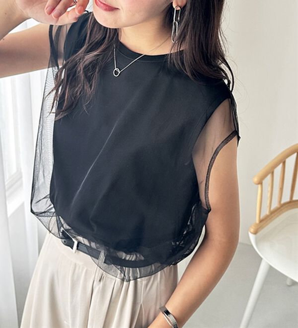 GeeRA（ジーラ）の「チュールカバーフレンチスリーブカットソー（カットソー）」｜詳細画像