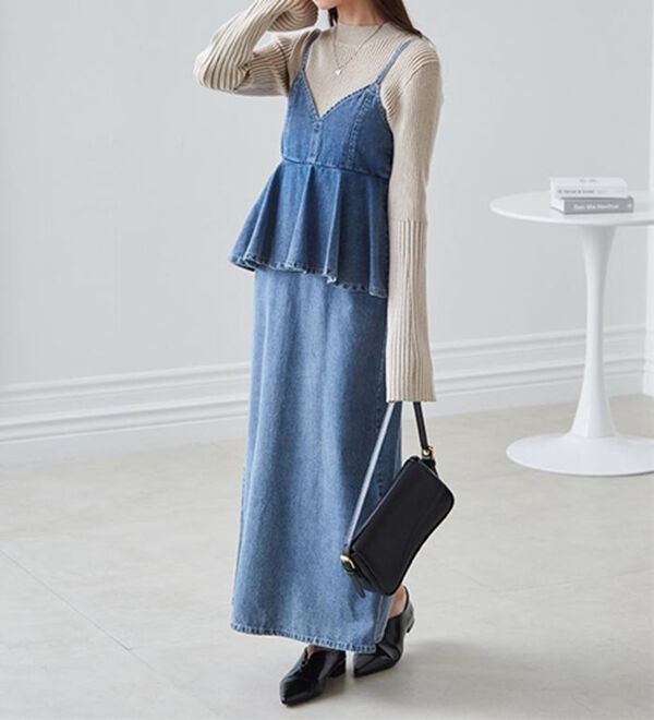 RANAN（ラナン）の「デニムペプラムキャミワンピース（ロングワンピース）」｜詳細画像