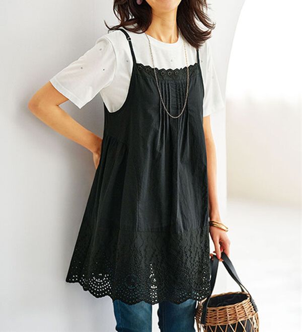 BELLUNA（ベルーナ）の「刺しゅう使いキャミチュニックアンサンブル（チュニック）」｜黒