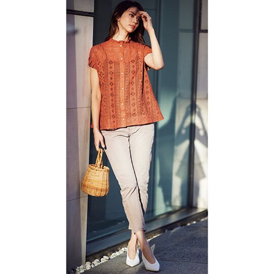 KARL LAGERFELD 総レース 半袖 ブラウス リボン パールボタン www