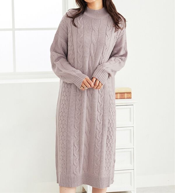 BELLUNA（ベルーナ）の「ケーブル柄ロング丈ニットワンピース（ニットワンピース）」｜詳細画像