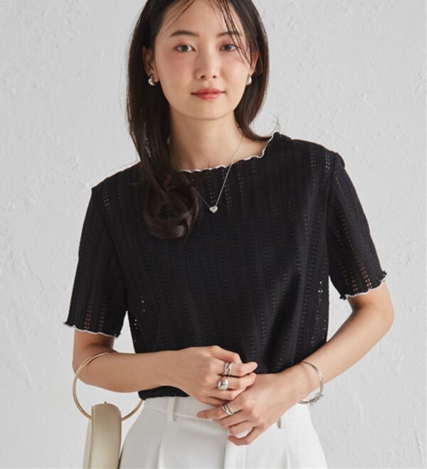 RANAN（ラナン）の「インせず着られる！透かし柄メロー配色Ｔシャツ（カットソー）」｜詳細画像