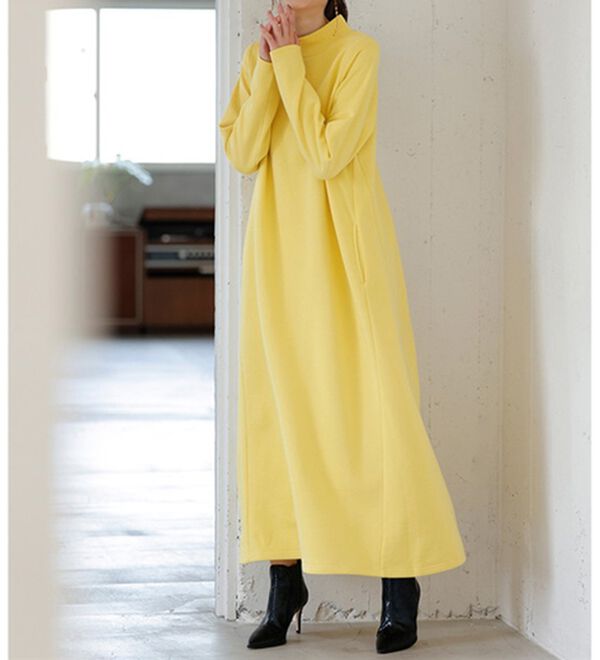 ANAYI 新品イエロー ラップワンピースミモレ丈ウエストベルト 38 毛100 Beautiful Cotton＞混 裏起毛！タートルネック