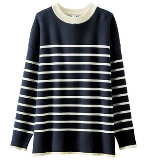 BELLUNA（ベルーナ）の「スウェットライク素材ニットプルオーバー（ニット・セーター）」｜ボーダー(ネイビー)