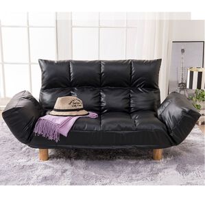 iellio（イエリオ）の「コンパクト脚付ふかふかカウチソファ　ＬＩＲＡＫＵ＜コンパクトソファ・ローソファ・１人掛け・２人掛け・一人暮らし・新生活＞（ソファ）」｜ブラックレザー調