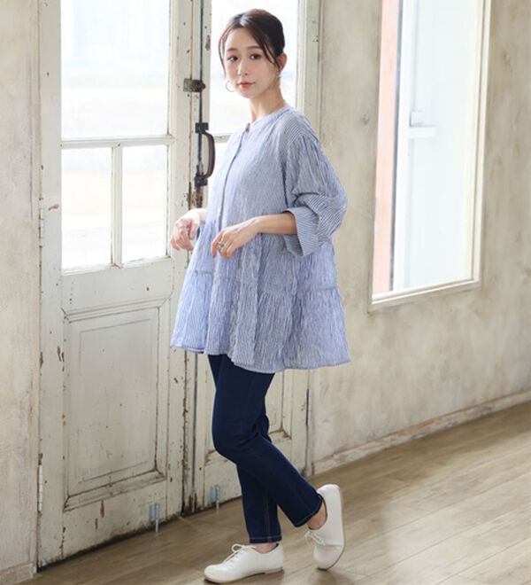 A HAPPY MARILYN（アハッピーマリリン）の「【Ｌ～６Ｌ】【風通るプレミアム】綿・楊柳七分袖ティアードブラウス（ブラウス）」｜詳細画像