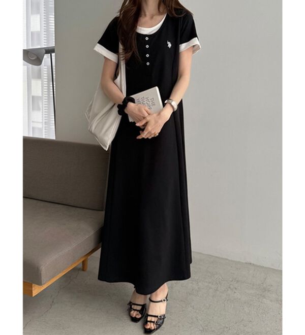 GeeRA（ジーラ）の「【ＵＳ．ＰＯＬＯ．ＡＳＳＮ】レイヤード風ヘンリーネック半袖ワンピース（カットソーワンピース）」｜詳細画像