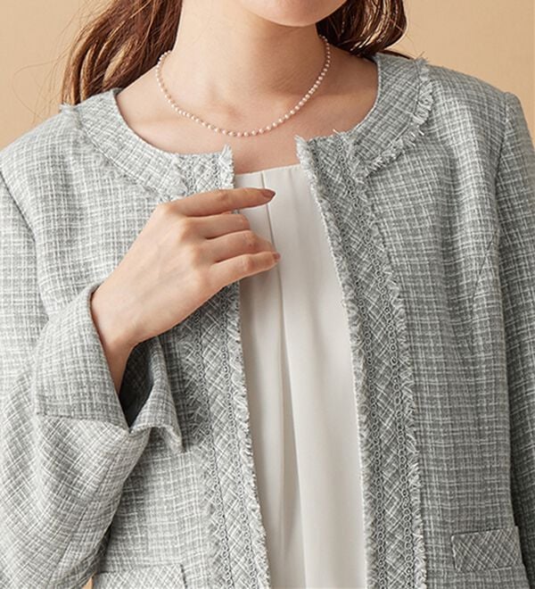 alotta（アロッタ）の「入学式卒業式に！フリンジ使いツイードノーカラージャケット＜Ｍ～５Ｌ＞（ノーカラージャケット）」｜詳細画像