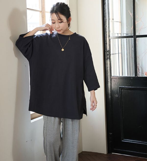 A HAPPY MARILYN（アハッピーマリリン）の「【Ｍ～８Ｌ／選べる袖丈】綿トレーナーライクビッグシルエットＴシャツ（Tシャツ）」｜詳細画像
