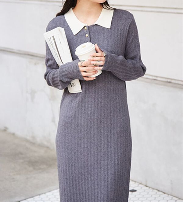 RANAN（ラナン）の「ポロカラーリブニットワンピース（ロングワンピース）」｜詳細画像