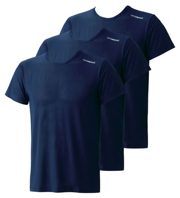 「【３枚組】テックマジック（Ｒ）魔法の冷感インナー３枚組スプレー付（メンズ肌着・インナーウェア）」｜ネイビー 半袖丸首