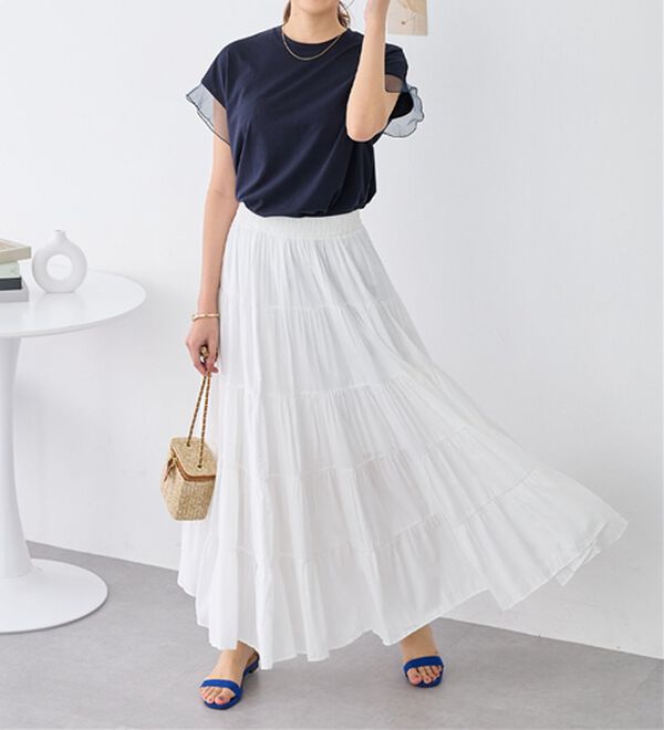 alotta（アロッタ）の「１枚でこなれ感！袖チュールデザイン綿混Ｔシャツ（Tシャツ）」｜詳細画像