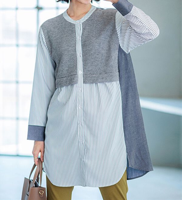 BELLUNA（ベルーナ）の「ストライプ&times;異素材切替シャツチュニック（チュニック）」｜詳細画像