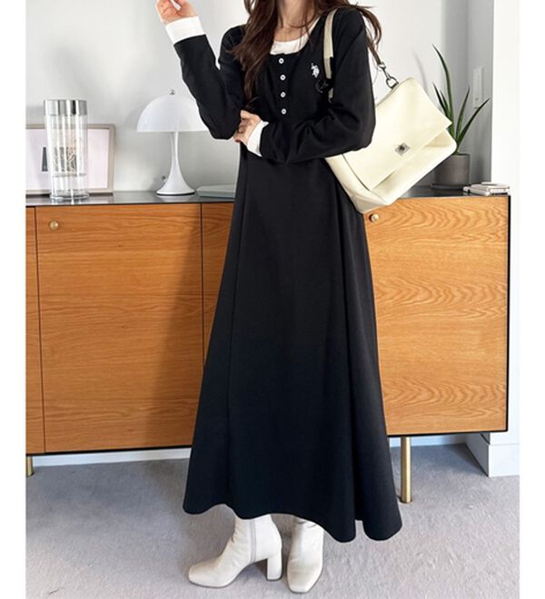 GeeRA（ジーラ）の「【U.S.POLOASSN】レイヤード風ヘンリーネックワンピース（カットソーワンピース）」｜詳細画像