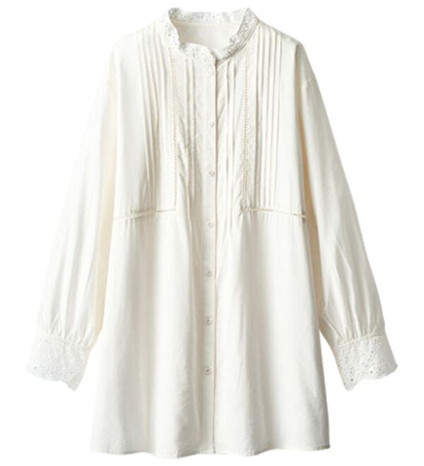 BELLUNA（ベルーナ）の「上品に着映える！衿＆袖レース切替シャツチュニック（チュニック）」｜オフ白