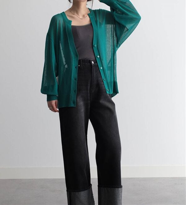 RANAN（ラナン）の「ひんやり！シアーニットキーネックカーディガン（ニットカーディガン）」｜詳細画像