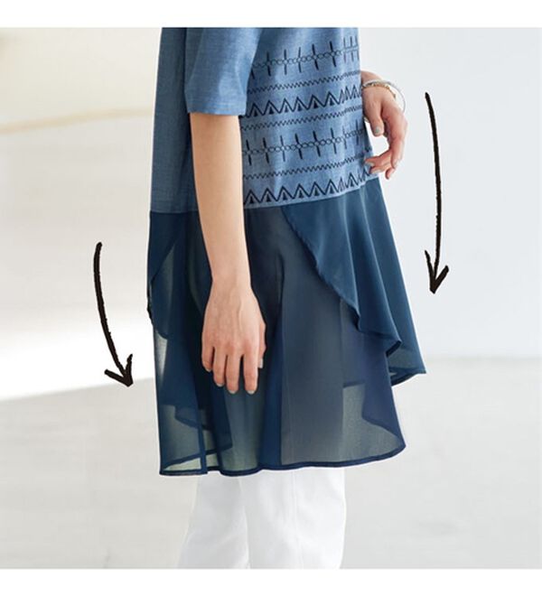 BELLUNA（ベルーナ）の「ひんやり！ふわっと揺れる異素材切替刺しゅうチュニック（チュニック）」｜詳細画像