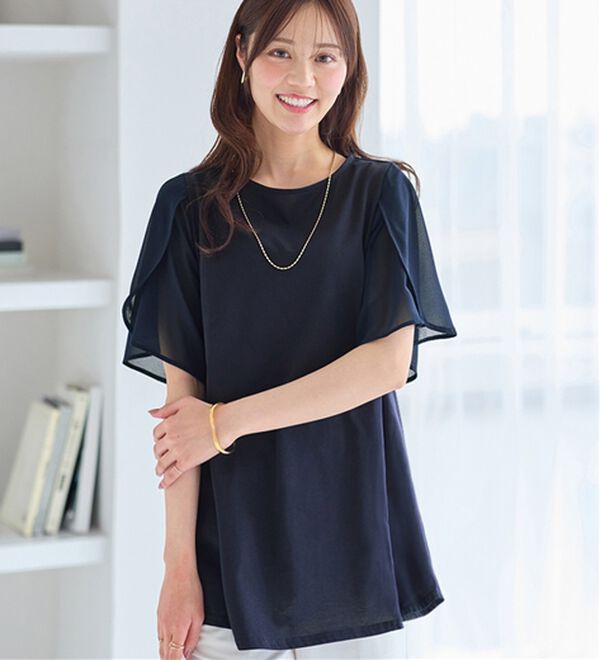 alotta（アロッタ）の「【接触冷感】袖異素材フレア袖チュニックＴシャツ（チュニック）」｜ネイビー