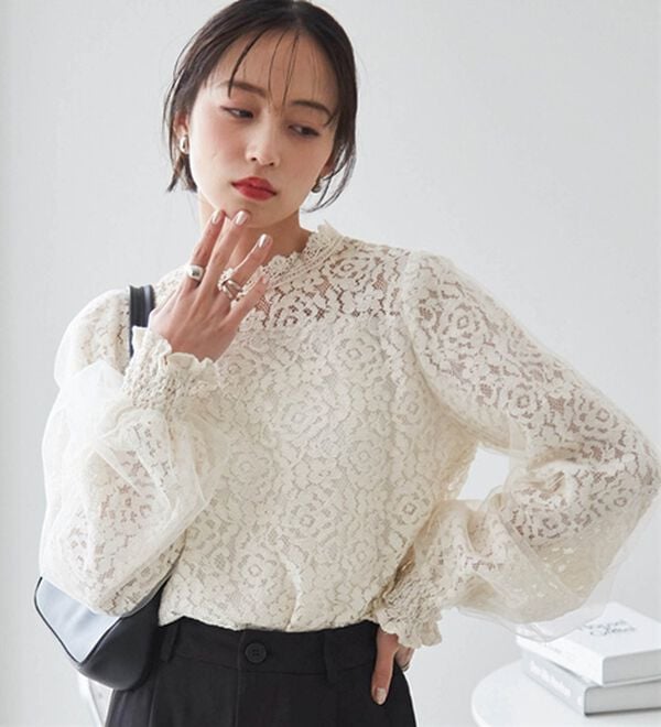 チュールドッキングフラワーレースキャンディースリーブブラウス
