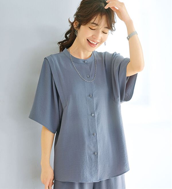 BELLUNA（ベルーナ）の「【快適Ｌａｂ．】お手入れ楽々ビンテージ調素材ブラウス（ブラウス）」｜ブルーグレー