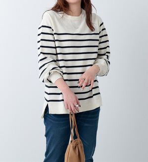 BELLUNA（ベルーナ）の「パフ袖デザインニットプルオーバー（ニット・セーター）」｜オフ白&times;ネイビー