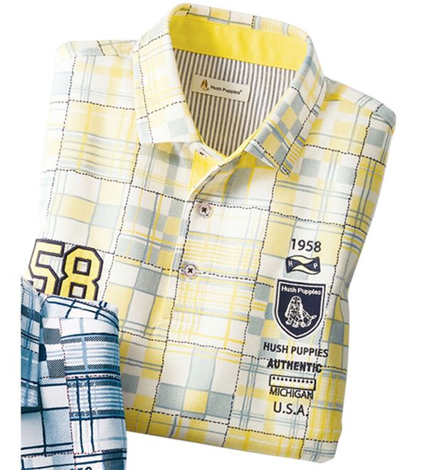 「＜ハッシュパピー＞パッチワークポロシャツ（メンズポロシャツ）」｜イエロー