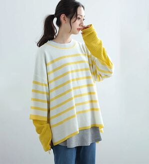 A HAPPY MARILYN（アハッピーマリリン）の「【Ｌ～６Ｌ】重ね着を楽しむレイヤード専用ニットプルオーバー（ニット・セーター）」｜オフ&times;イエロー(タグアイボリー)