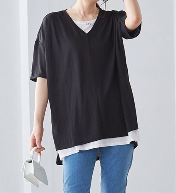 RANAN（ラナン）の「レイヤード風ニットソー半袖チュニック（チュニック）」｜詳細画像