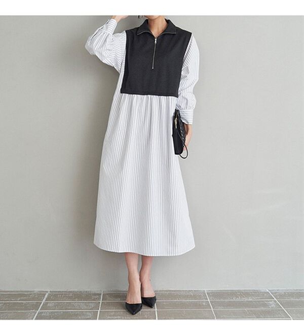 RANAN（ラナン）の「ジップデザイン異素材切替ストライプワンピース（その他ワンピース）」｜詳細画像