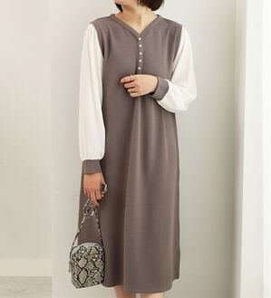 BELLUNA（ベルーナ）の「ジャカード素材袖切替ワンピース（カットソーワンピース）」｜モカ系