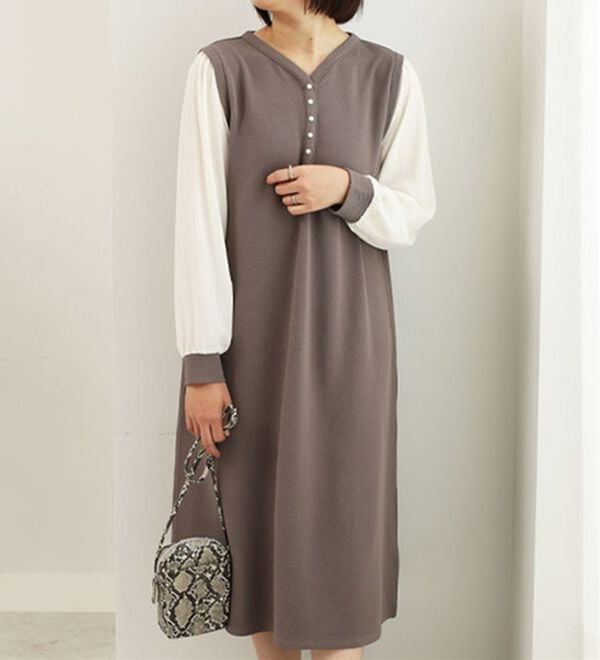 BELLUNA（ベルーナ）の「ジャカード素材袖切替ワンピース（カットソーワンピース）」｜モカ系
