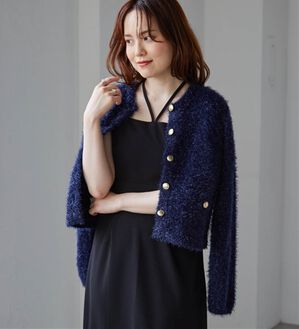 RANAN（ラナン）の「ゴールド調ボタンラメシャギーカーディガン（ニットカーディガン）」｜ネイビー